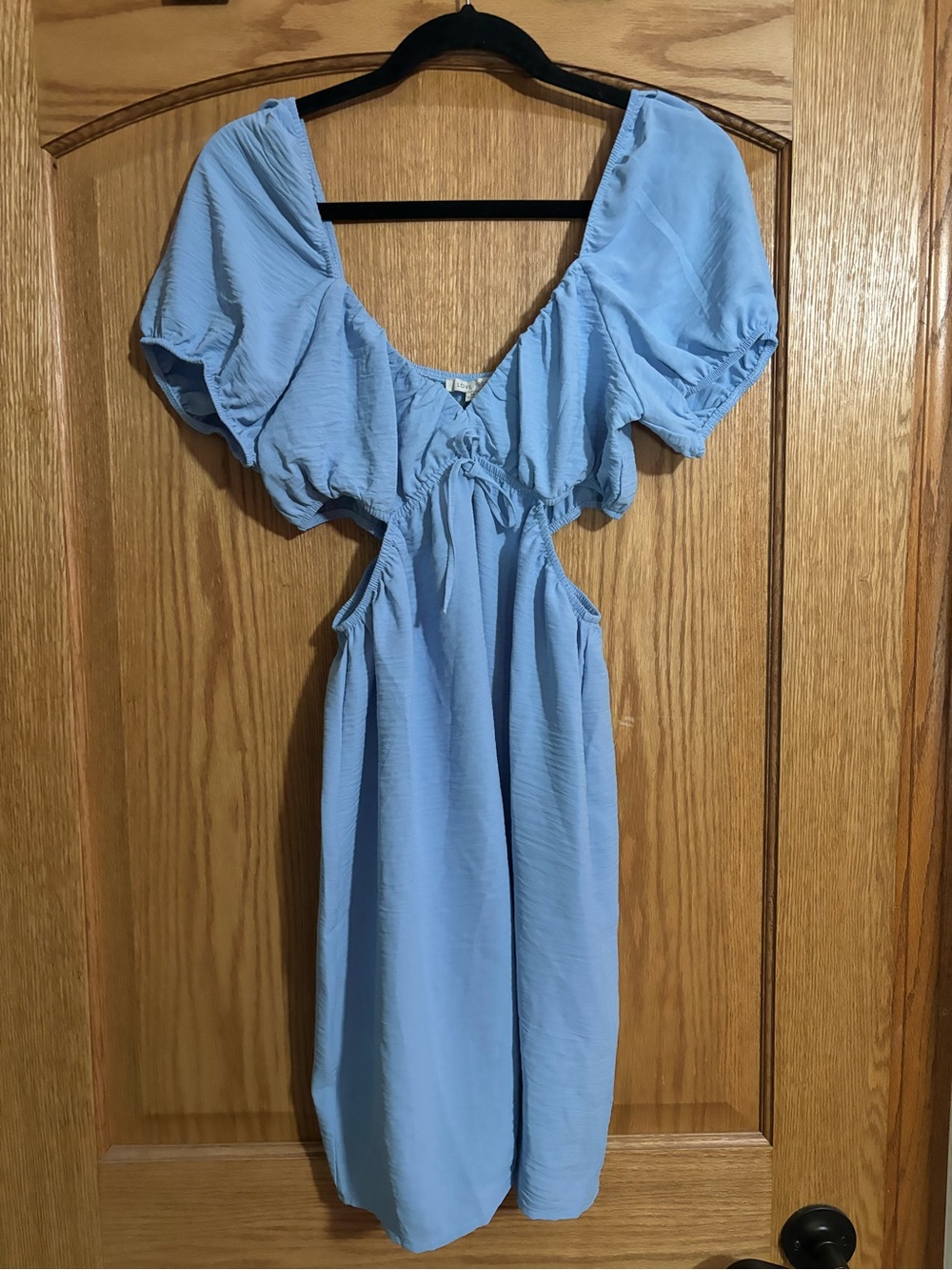 Love Tree Powder Blue V-Neck Puff Sleeve Dress with cut outs